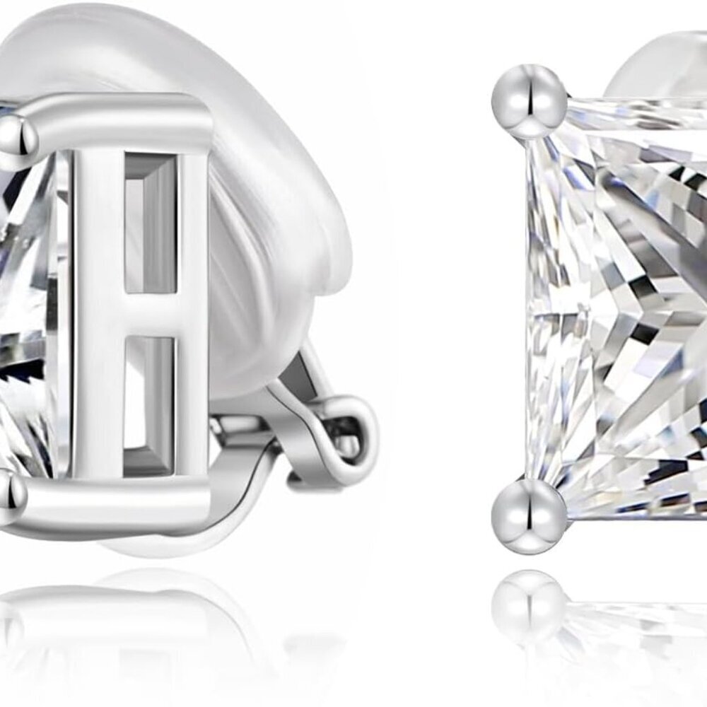 Square Clip On Earrings Silver Non Pierced Cubic Zirconia Elegant Jewelry